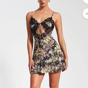 Tehila Satin Lace Floral Mini Dress XL NWT Dark Romantic Sexy Miss Circle